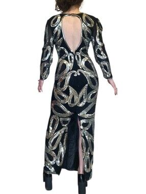 Vintage 80s Swee Lo Sequin Paisley Maxi Dress Open Back M/L